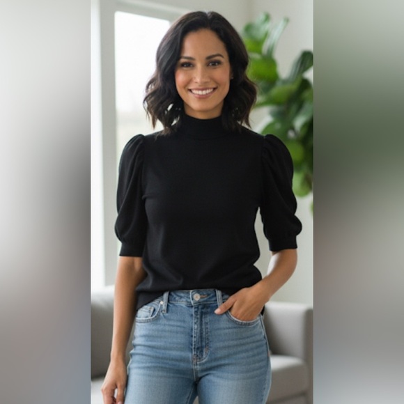 Free People Sweaters - FREE PEOPLE Black Knit Puff Short Sleeve Turtleneck Medium (Fits Like a Small)